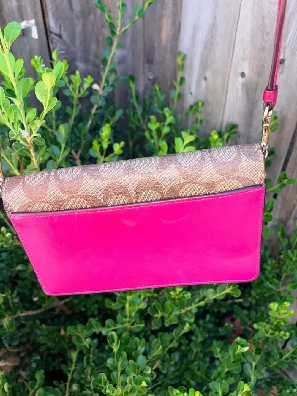 Coach Anna Foldover Clutch Crossbody Bag in Signature Canvas Khaki and Pink